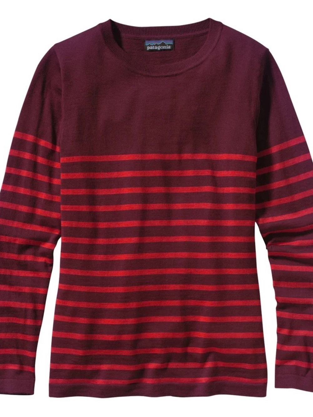 Patagonia Women's Crewneck Merino Wool Sweater in Burgundy with Orange Stripes